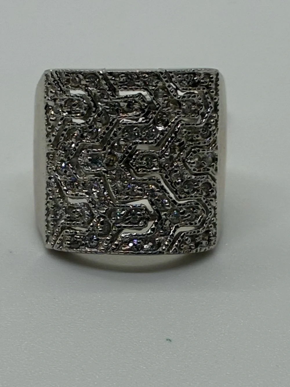 WIDE SILVER GEOMETRIC PATTERNED STERLING SILVER RING, SIZE 6